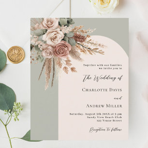 Sage green cream roses arch wedding invitation