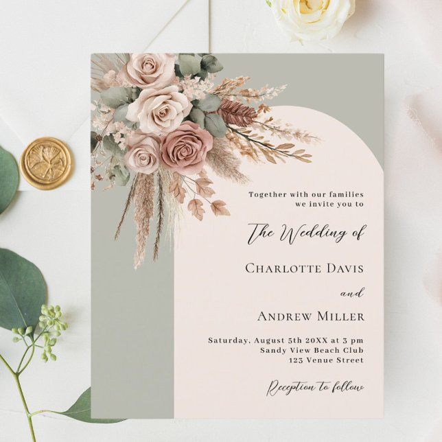 Sage green cream roses arch wedding invitation (Creator Uploaded)