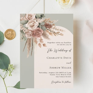 Sage green cream roses pampas grass arch wedding invitation