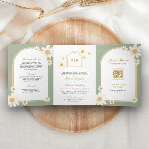 Sage Green Cream Yellow Daisy All in One Wedding Tri-Fold Invitation