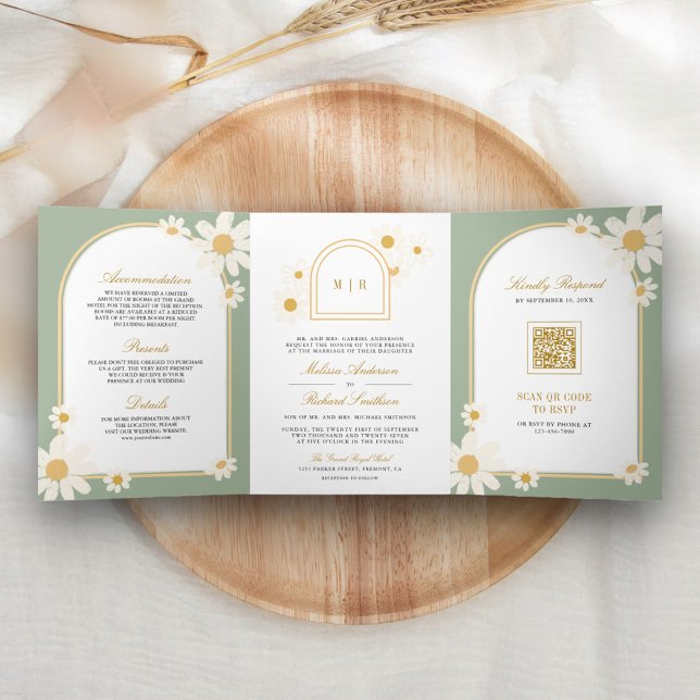 Sage Green Cream Yellow Daisy All in One Wedding Tri-Fold Invitation (Creator Uploaded)