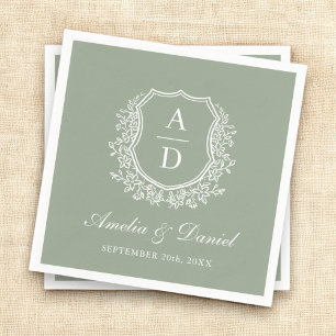 Sage Green Crest Elegant Monogram Wedding  Napkin