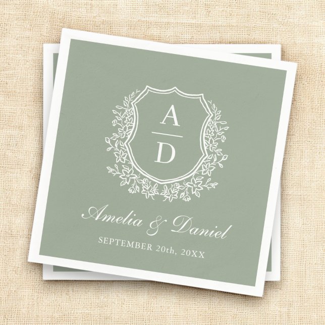 Sage Green Crest Elegant Monogram Wedding  Napkin (Creator Uploaded)