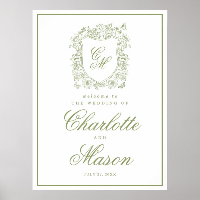 Sage Green Crest Garden Wedding Welcome Sign (Front)