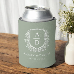 Sage Green Crest Modern Monogram Wedding  Can Cooler