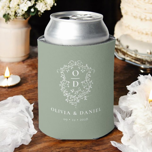 Sage Green Crest Modern Monogram Wedding  Can Cooler (Creator Uploaded)