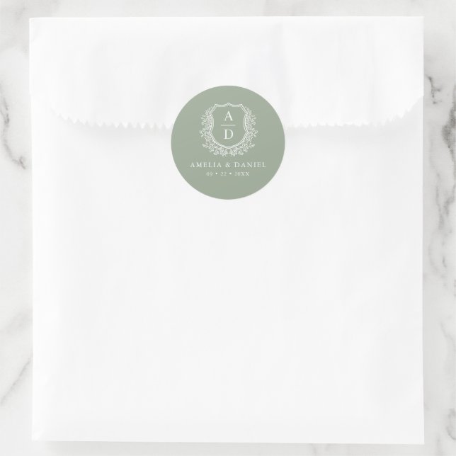 Sage Green Crest Modern Monogram Wedding  Classic Round Sticker (Bag)