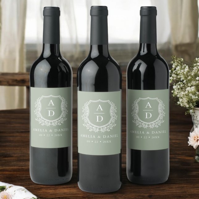 Sage Green Crest Modern Monogram Wedding  Wine Label (Creator Uploaded)