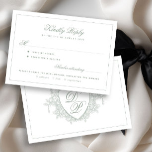 Sage green crest monogram meal choice wedding RSVP card