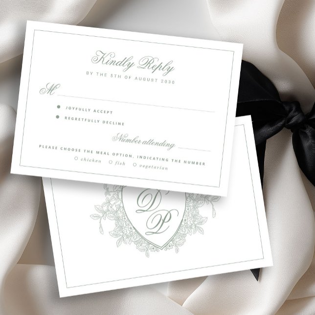 Sage green crest monogram meal choice wedding RSVP card (Creator Uploaded)