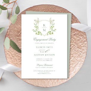 Sage Green Crest Monogram Modern Engagement Party Invitation