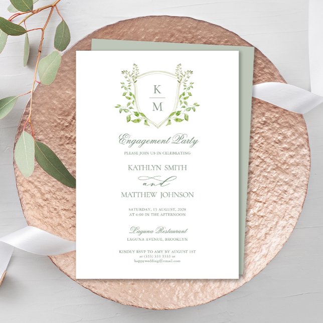 Sage Green Crest Monogram Modern Engagement Party Invitation (Creator Uploaded)