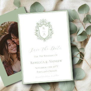 Sage Green Crest Monogram & Photo Save The Date