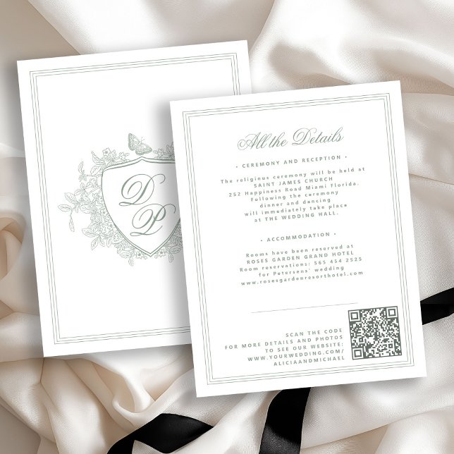 Sage green crest monogram QR code wedding details Enclosure Card (Creator Uploaded)