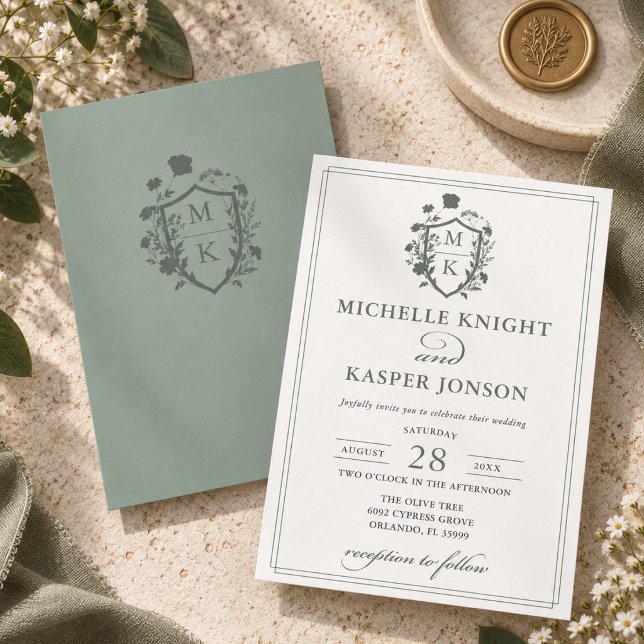 Sage Green Crest Monogram Simple Wedding  Invitation (Creator Uploaded)