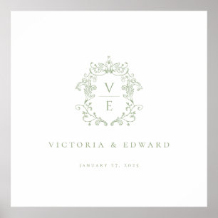 Sage Green Crest Monogram Wedding Poster