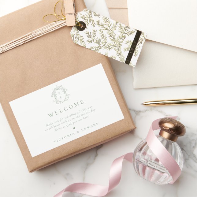 Sage Green Crest Monogram Wedding Welcome Rectangular Sticker (Gifting)
