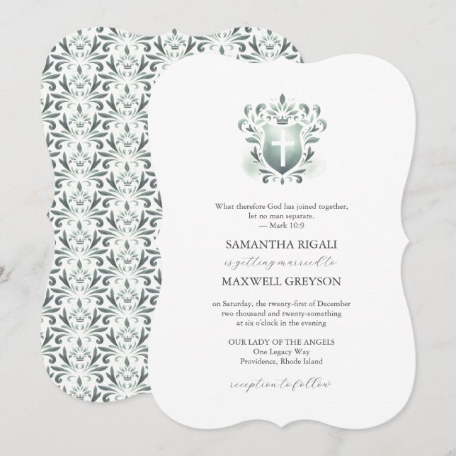 Sage Green Crest Wedding Invites Christian (Front/Back)