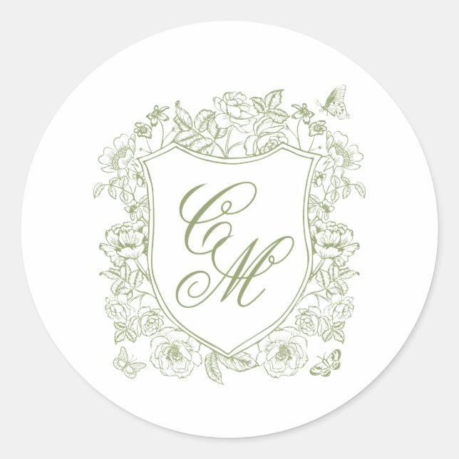 Sage Green Crest Wedding Round Sticker (Front)