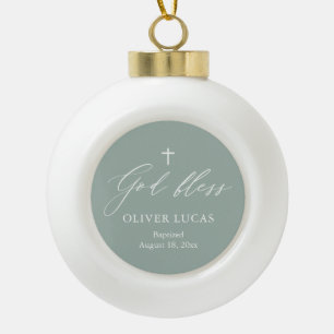 Sage Green Cross Boy Baptism Ceramic Ball Ornament