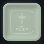 Sage Green Cross Communion Baptism Christening Paper Plate<br><div class="desc">Paper plates with an open weave white cross on an elegant sage green background are ideal for your child's First Communion,  Christening,  Baptism,  Confirmation or Dedication party or reception. MATCHING invitations and more in our collection.</div>