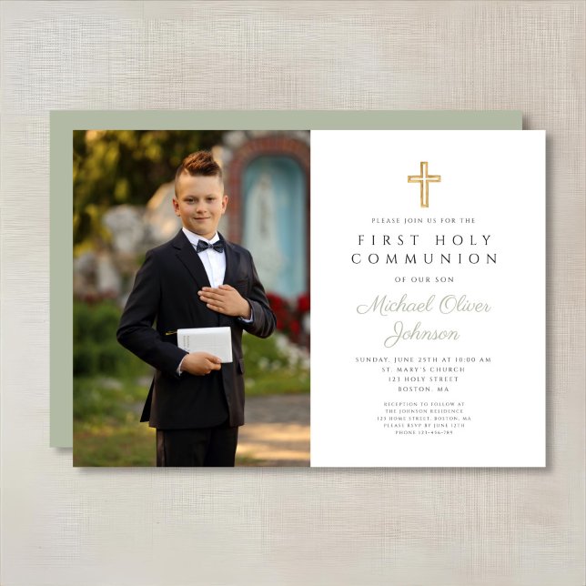Sage Green Cross Photo Boy First Communion  Invitation (Sage Green Cross Photo Boy First Communion Invitation)