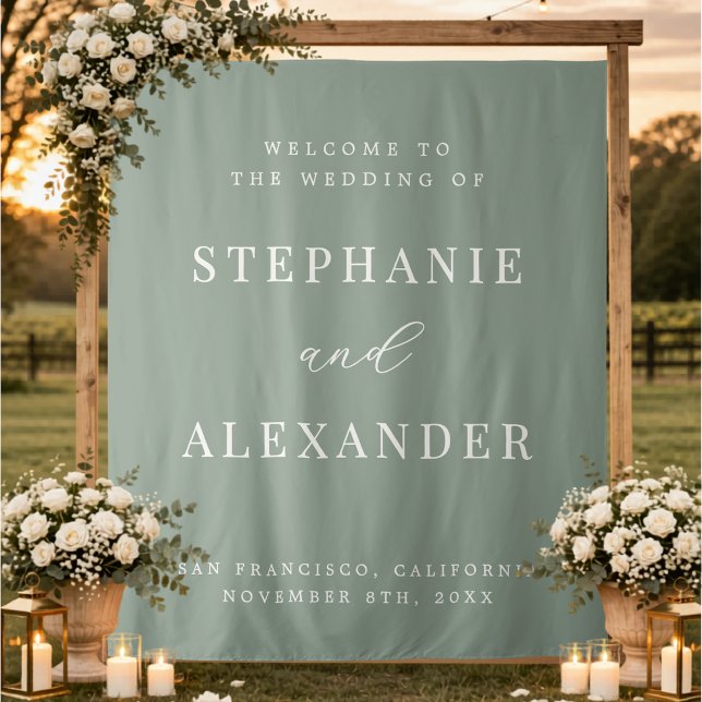 Sage Green Custom Fabric Wedding Welcome Sign Tapestry (Creator Uploaded)