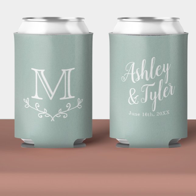 Sage Green Custom Monogrammed Wedding Favour Beer Can Cooler (Creator Uploaded)