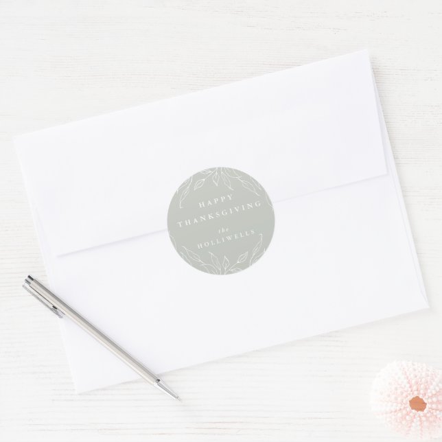 Sage Green Custom Text Leaf Motif Thanksgiving Classic Round Sticker (Envelope)