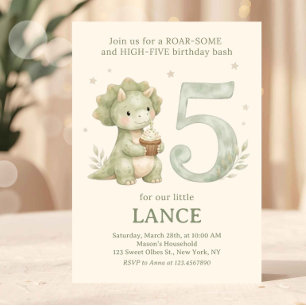 Sage Green Cute Dinosaur 5th Birthday Invitation