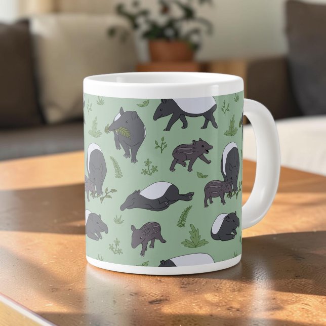Sage Green Cute Malayan Tapir Pattern Large Coffee Mug (Cute tapir pattern on a sage green mug on a living room table.)