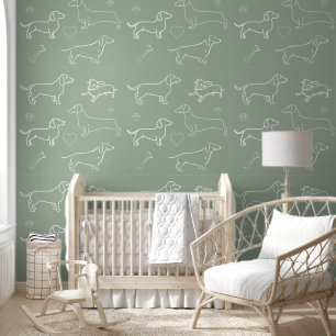 Sage Green Dachshund Dog Pattern Silhouette Wallpaper