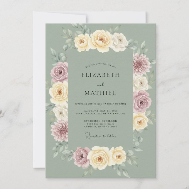Sage Green Dahlia Wedding Invitation (Front)
