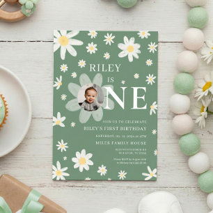 Sage Green Daisy First 1st Birthday Photo  Invitation