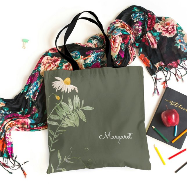 Sage Green Daisy Floral Minimal Tote Bag (Creator Uploaded)