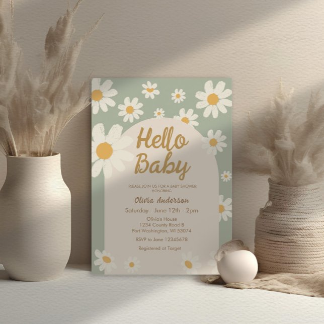 Sage Green Daisy Hello Baby Retro Baby Shower  Invitation (Creator Uploaded)