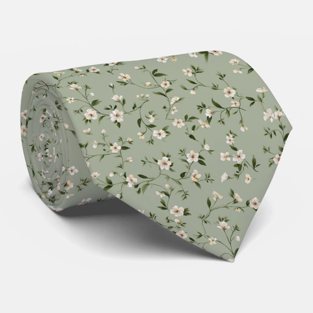 Sage Green Daisy Wildflower Personalised Wedding Tie (Rolled)