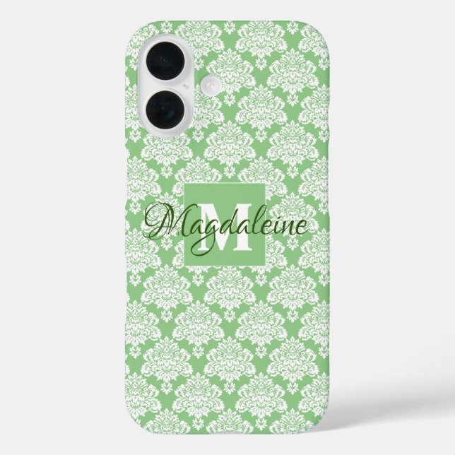 Sage Green Damask iPhone iPad Case with Monogram (Back)