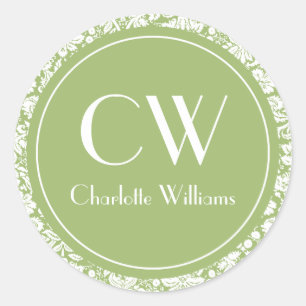 Sage Green Damask Monogram Classic Round Sticker