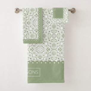 Sage green damask pattern, scalloped borders  bath towel set