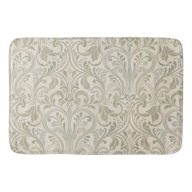 Sage Green Damask Scroll Bath Mat (Front)