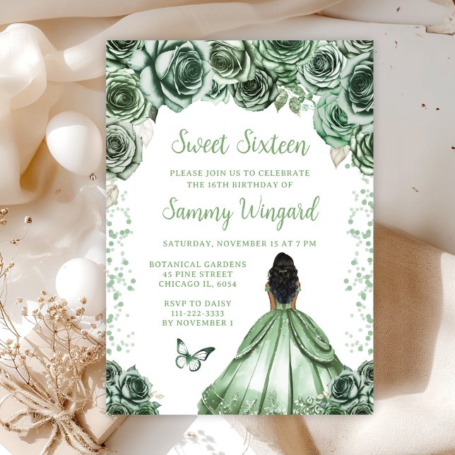 Sage Green Dark Skin Princess Sweet Sixteen Invitation (Creator Uploaded)