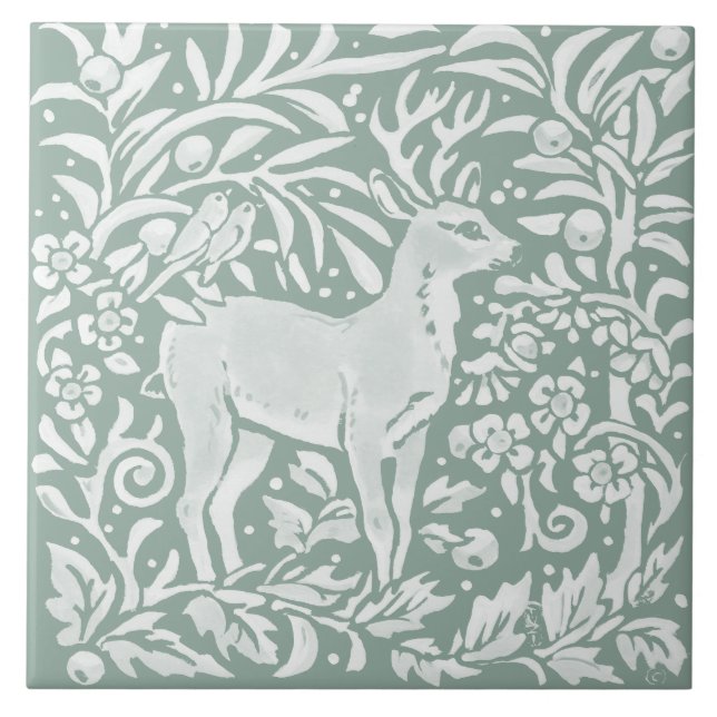 Sage Green Deer Woodland Forest William Morris Tile (Front)