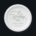 Sage Green Delicate Elegant Script Wedding Paper Plate<br><div class="desc">Simple sage green and white wedding paper plate features elegant,  romantic swirly calligraphy lettering with your names. For more advanced customisation of this design,  please click the BLUE DESIGN TOOL BUTTON above!</div>