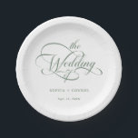Sage Green Delicate Elegant Script Wedding Paper Plate<br><div class="desc">Simple sage green and white wedding paper plate features elegant,  romantic swirly calligraphy lettering with your names. For more advanced customisation of this design,  please click the BLUE DESIGN TOOL BUTTON above!</div>