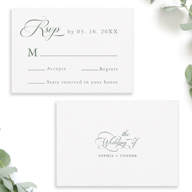 Sage Green Delicate Elegant Wedding  RSVP Card (Front & Back)