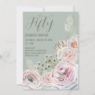 Sage green Delicate watercolor pale pink flowers Invitation
