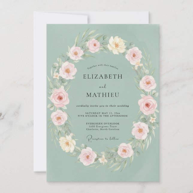 Sage Green Delicate Wreath Wedding Invitation (Front)