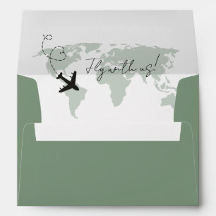 Sage Green Destination Airplaine World map Wedding Envelope