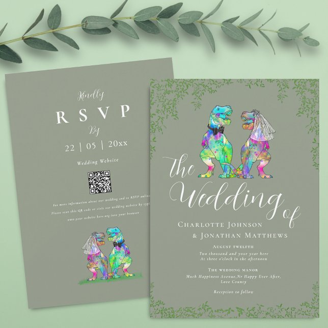 Sage Green Dinosaur Wedding QR Code Invitation (T-Rex bride and groom funny dinosaur sage green wedding qr code invitation)